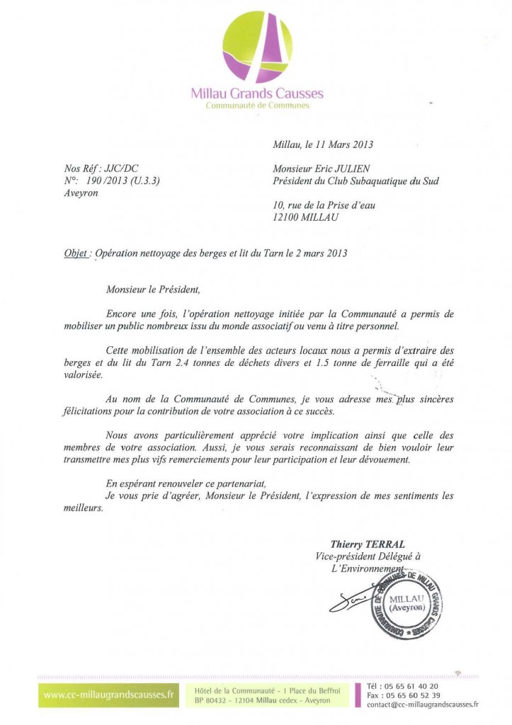 Remerciements de la Communauté des Communes Millau Grands Causses
